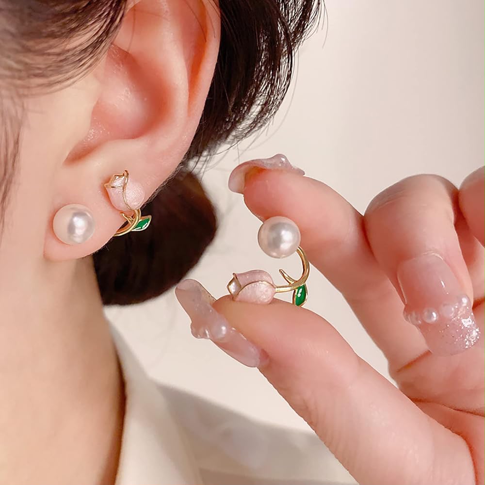 Aretes de tulipan rosado suave con perla